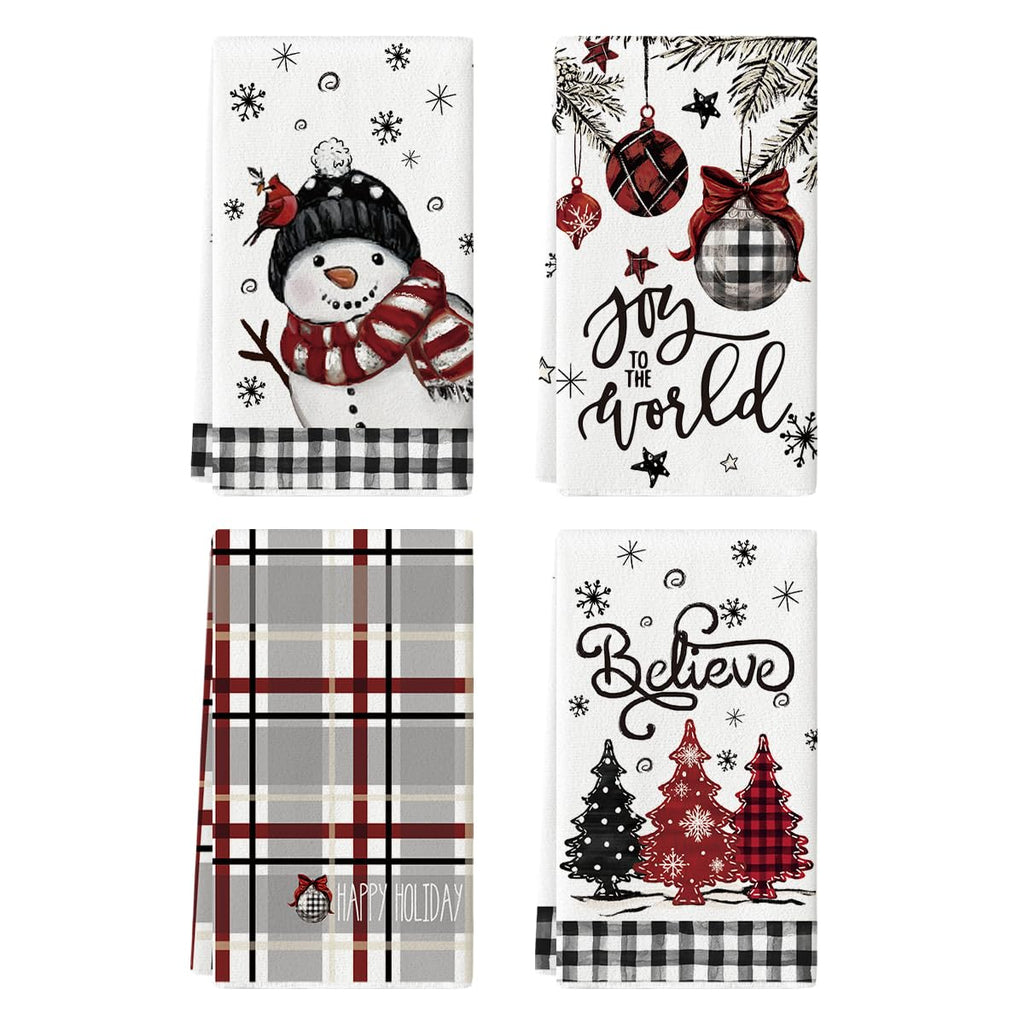 Black Red Xmas Tree Snowman Christmas Kitchen Towels Dish Towels, 18x26 Inch Holiday Believe Bird Winter Decoration Hand Towels Set of 4