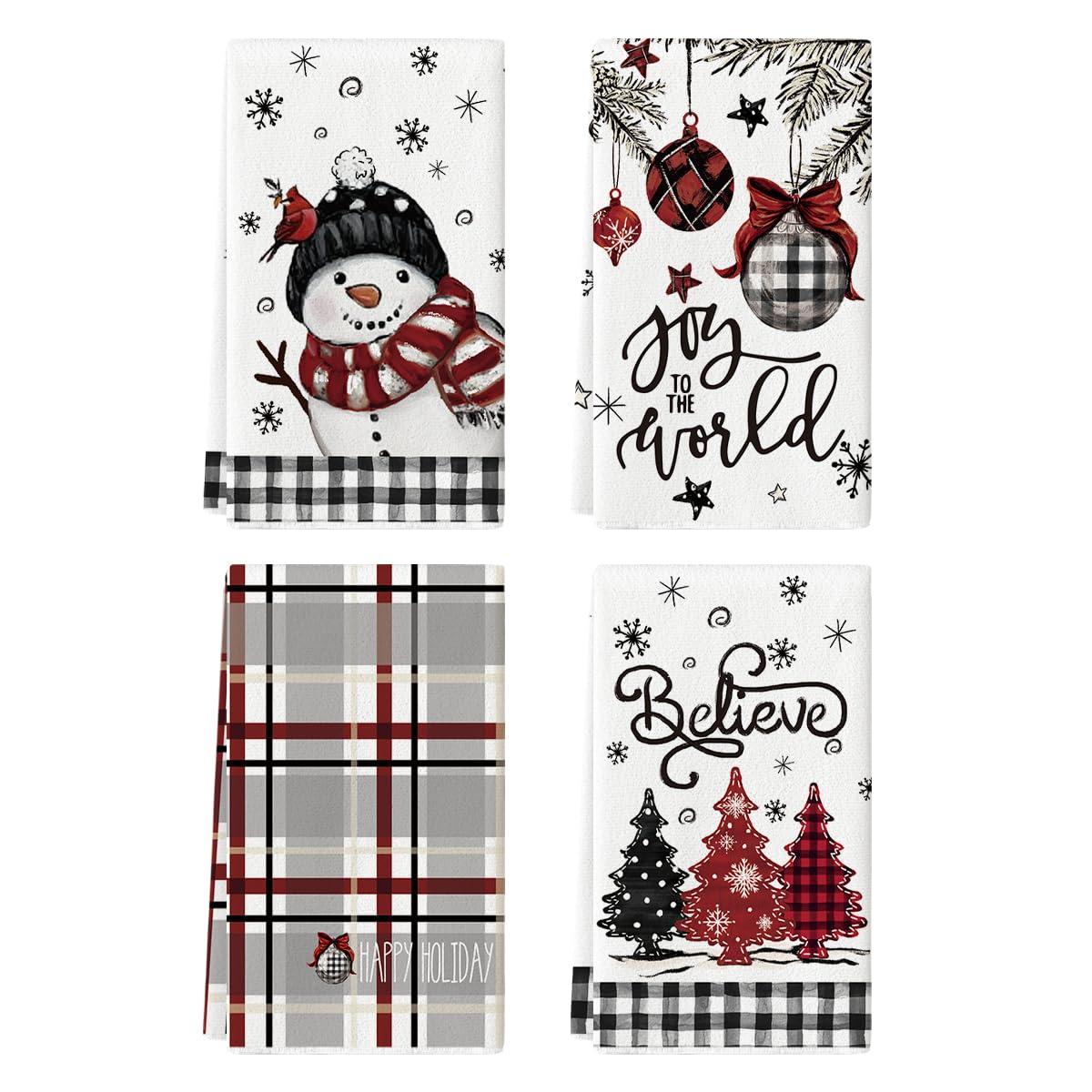 Black Red Xmas Tree Snowman Christmas Kitchen Towels Dish Towels, 18x26 Inch Holiday Believe Bird Winter Decoration Hand Towels Set of 4