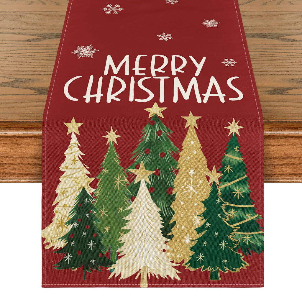 Xmas Trees Snowflakes Red 210 GSM Merry Christmas Table Runner, Winter Kitchen Dining Table Decoration for Home Party Decor 13x72 Inch