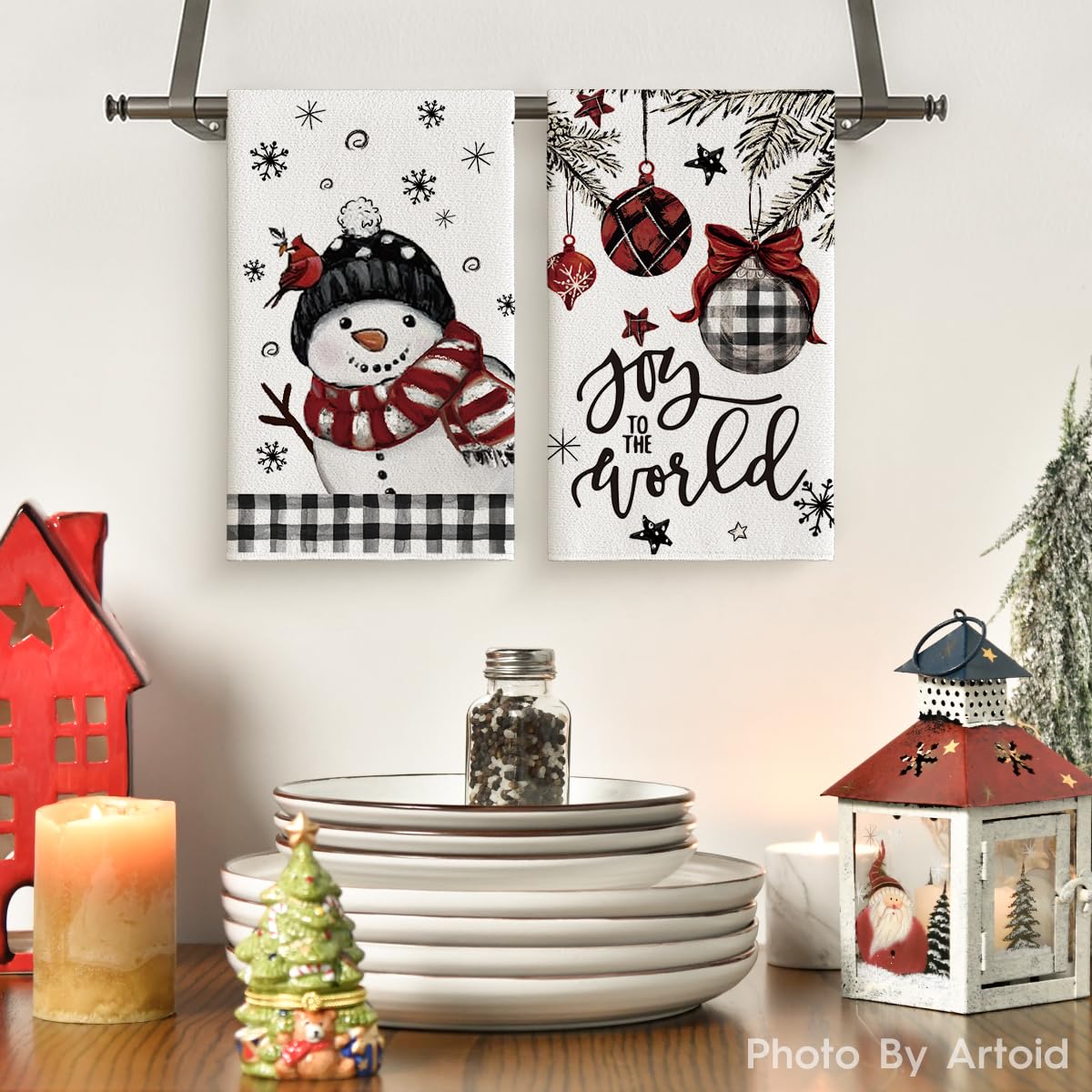 Black Red Xmas Tree Snowman Christmas Kitchen Towels Dish Towels, 18x26 Inch Holiday Believe Bird Winter Decoration Hand Towels Set of 4