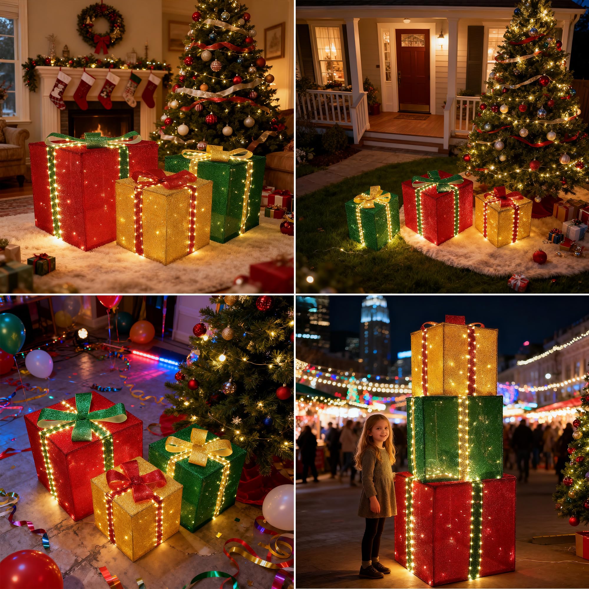 Christmas Decorations Outdoor - Set of 3 Larger Lighted Gift Boxes with Timer, Foldable Pre-Lit Gift Boxes for Xmas Tree, Yard, Holiday, Indoor Outdoor Christmas Decorations