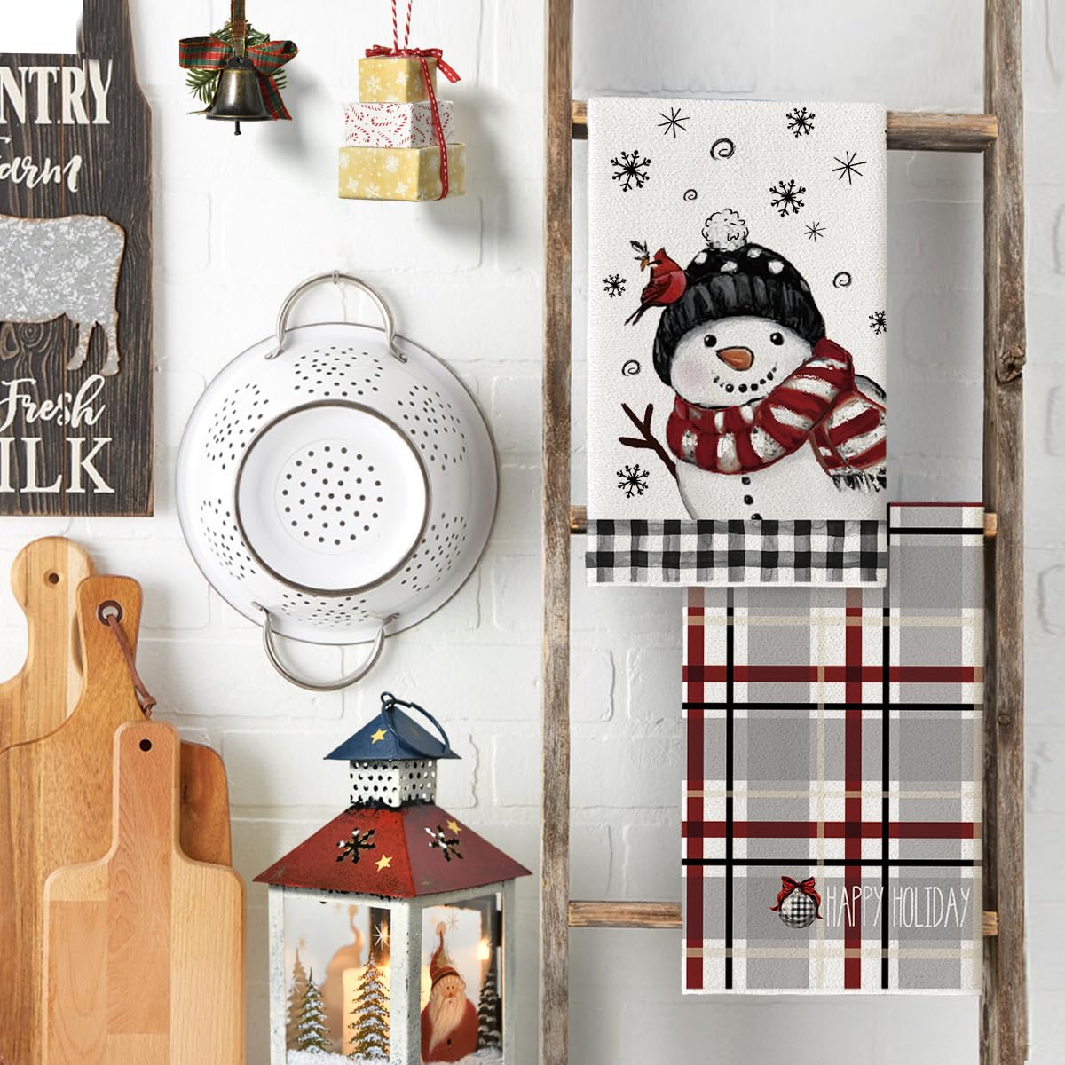 Black Red Xmas Tree Snowman Christmas Kitchen Towels Dish Towels, 18x26 Inch Holiday Believe Bird Winter Decoration Hand Towels Set of 4