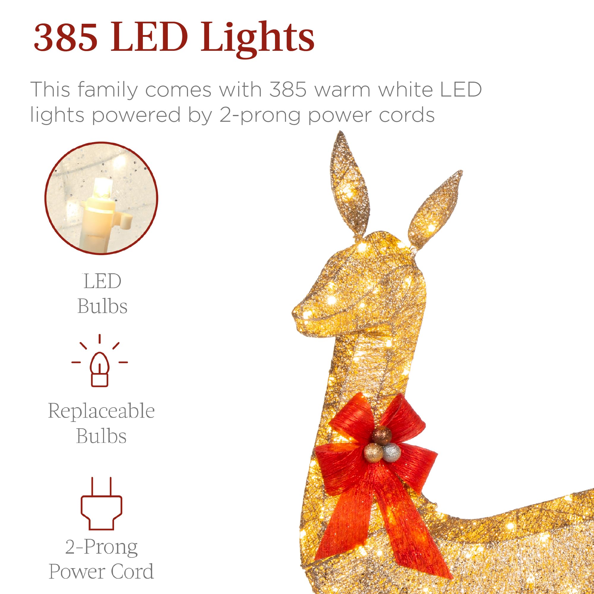 6.5ft 3-Piece Large Lighted Christmas Deer Family Set, Outdoor Yard Decoration with 385 LED Lights, Stakes, Zip Ties - Gold