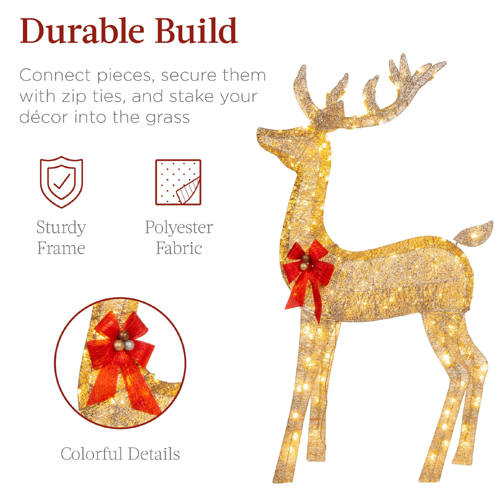 6.5ft 3-Piece Large Lighted Christmas Deer Family Set, Outdoor Yard Decoration with 385 LED Lights, Stakes, Zip Ties - Gold