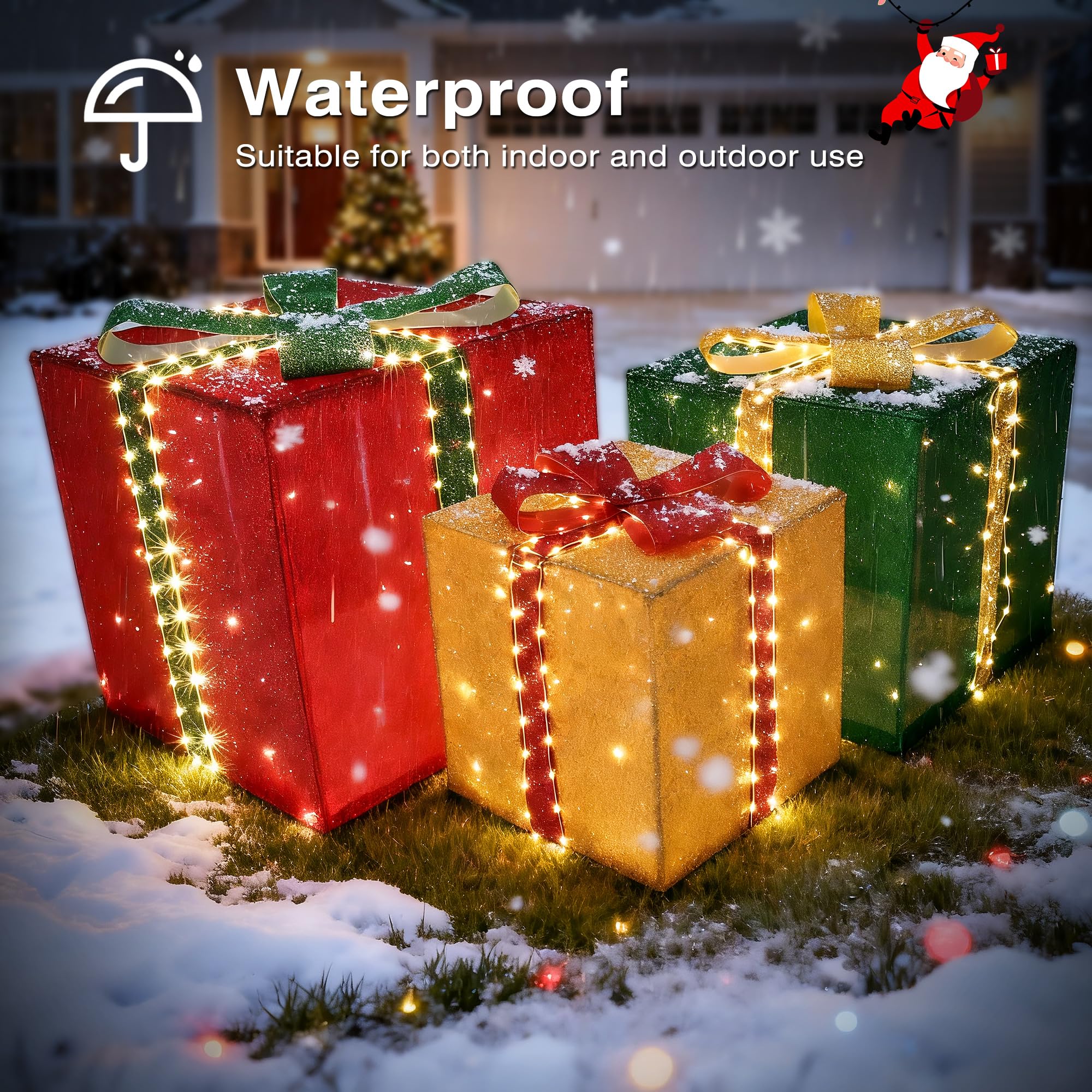 Christmas Decorations Outdoor - Set of 3 Larger Lighted Gift Boxes with Timer, Foldable Pre-Lit Gift Boxes for Xmas Tree, Yard, Holiday, Indoor Outdoor Christmas Decorations
