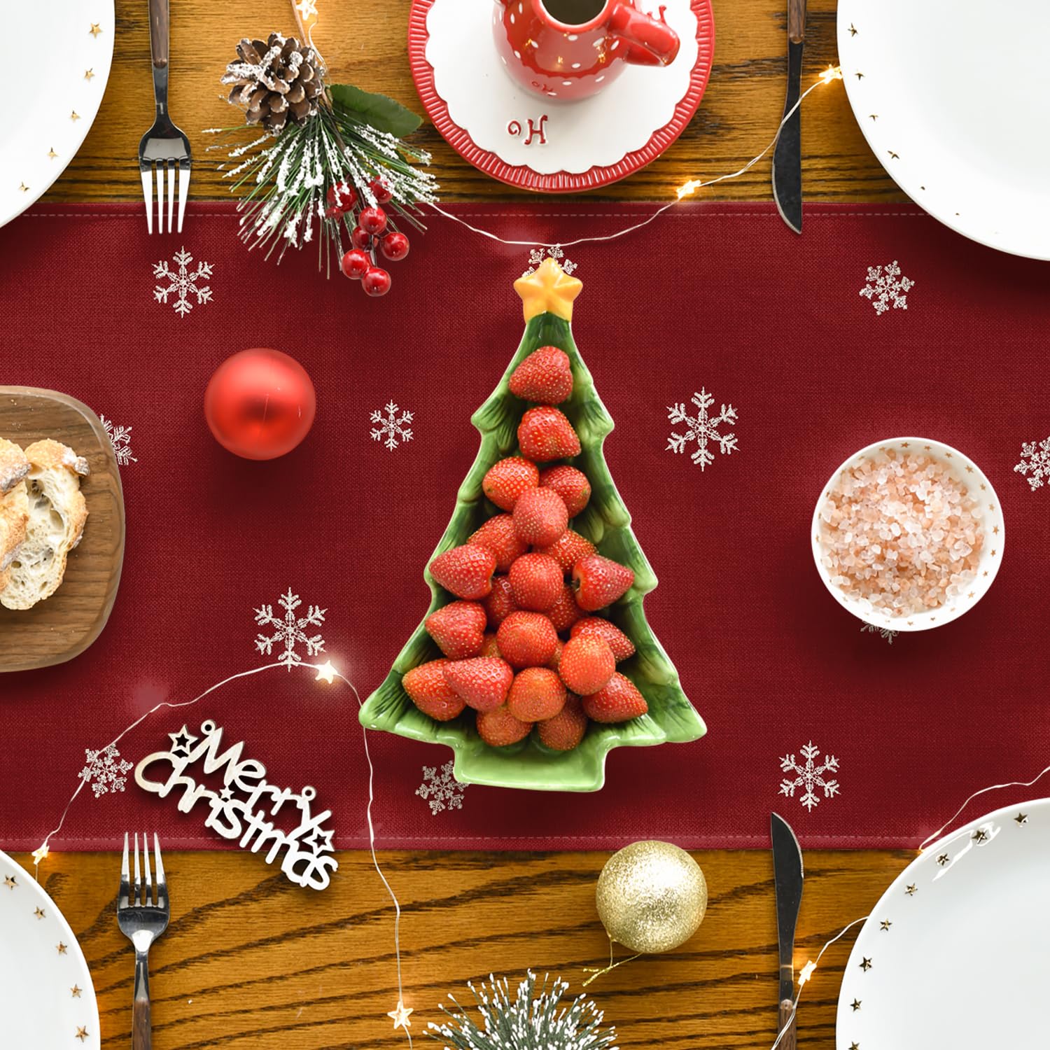 Xmas Trees Snowflakes Red 210 GSM Merry Christmas Table Runner, Winter Kitchen Dining Table Decoration for Home Party Decor 13x72 Inch