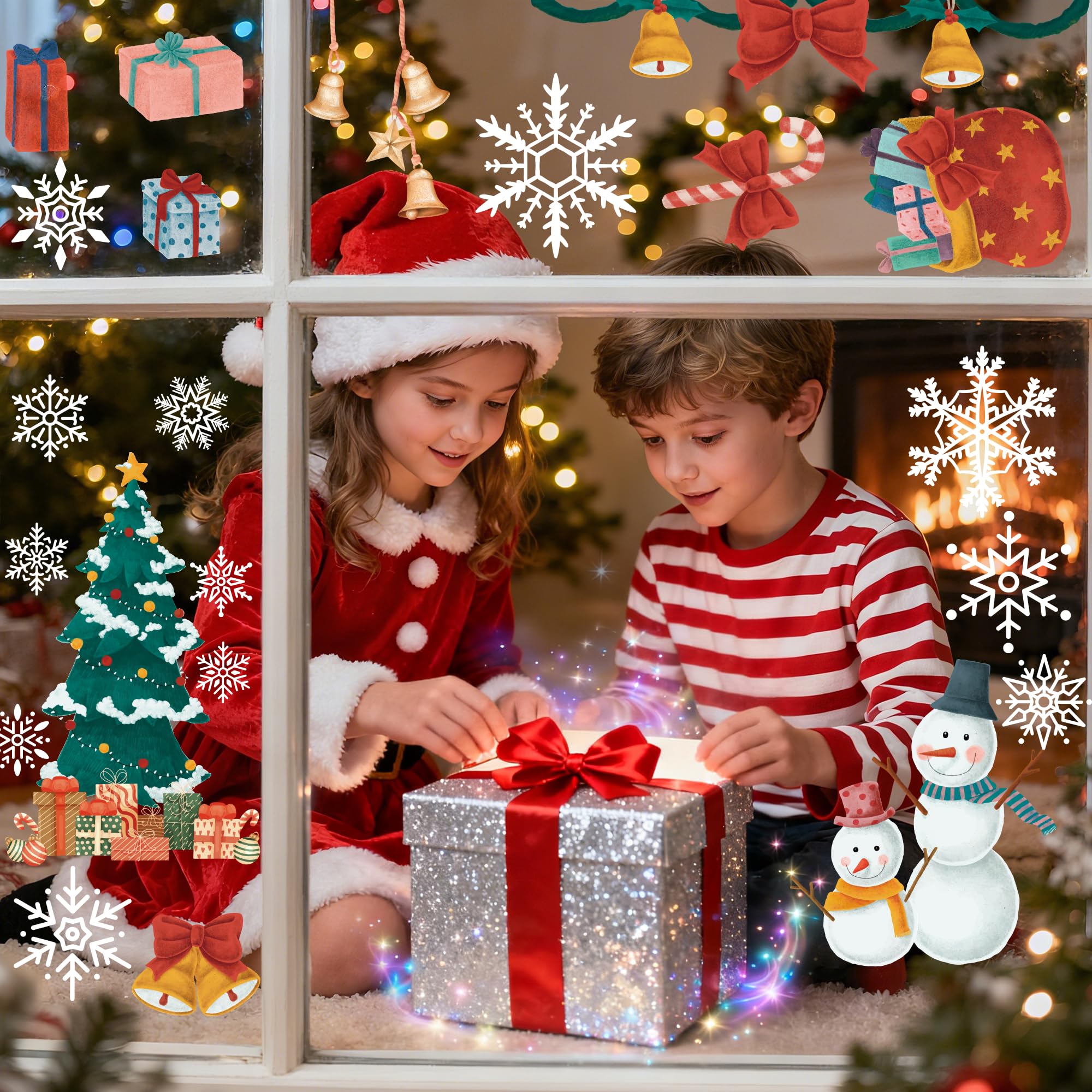 Christmas Party Decorations - Snowflake Window Clings Stickers for Glass | Christmas Decorations Indoor Outdoor - Holiday Santa Claus Reindeer Decals Xmas Decor Party Favors Supplies for Outside 2025