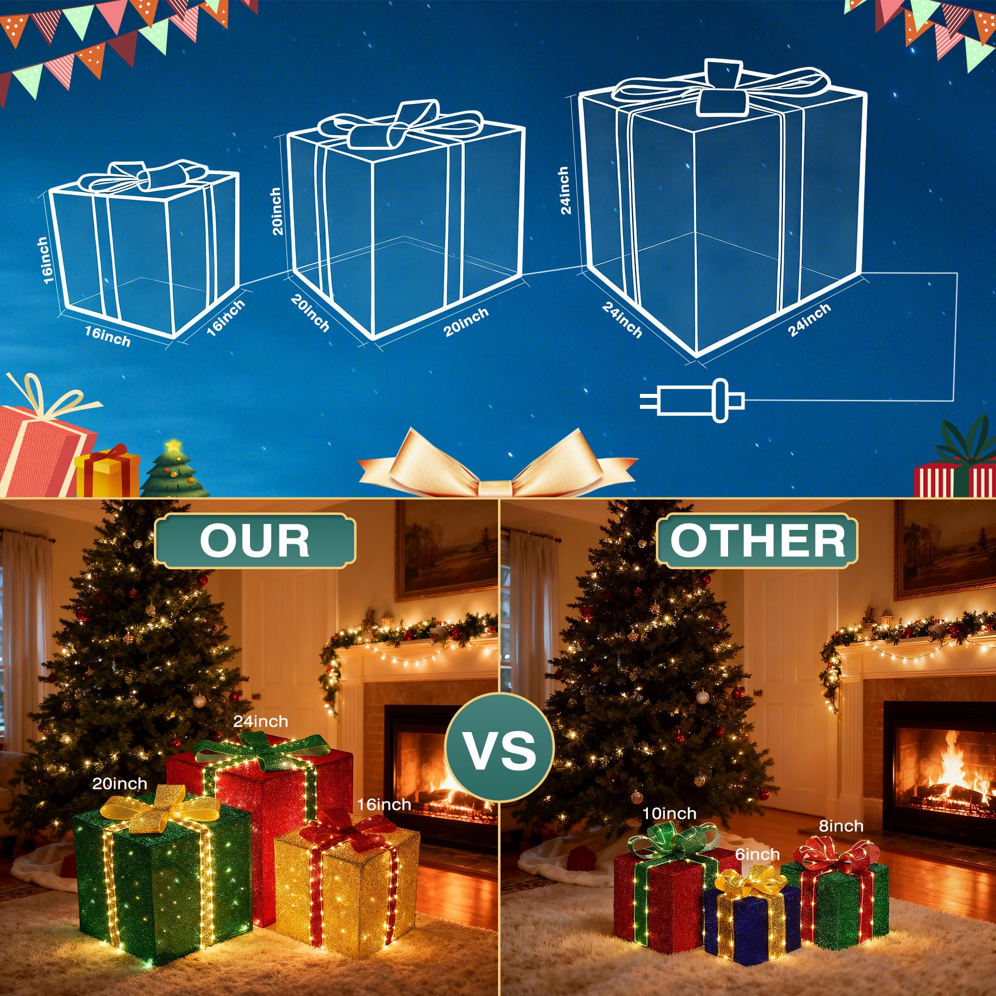 Christmas Decorations Outdoor - Set of 3 Larger Lighted Gift Boxes with Timer, Foldable Pre-Lit Gift Boxes for Xmas Tree, Yard, Holiday, Indoor Outdoor Christmas Decorations